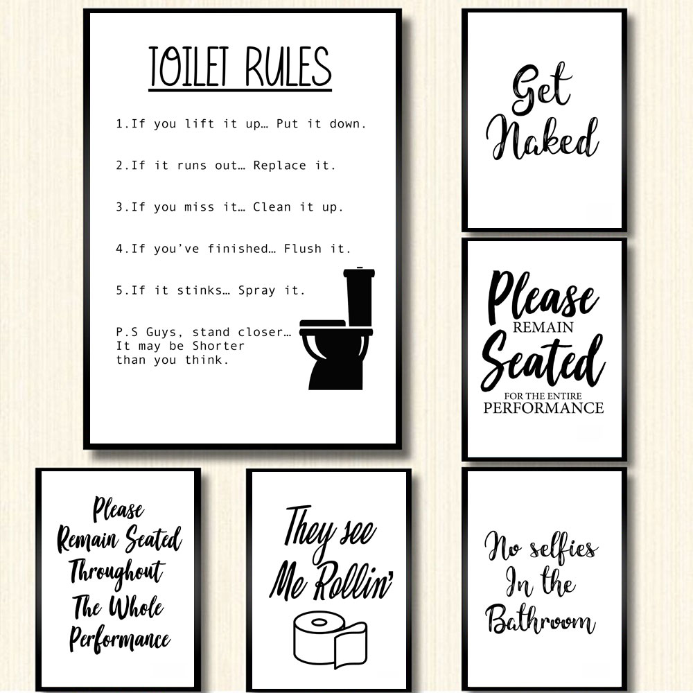 Wall Art Canvas Painting Funny - Home Bathroom Rules ulasan dan harga